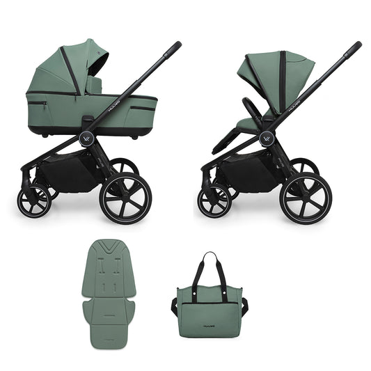 Carro de bebé Muuvo Five con diseño moderno y accesorios completos para paseos cómodos.