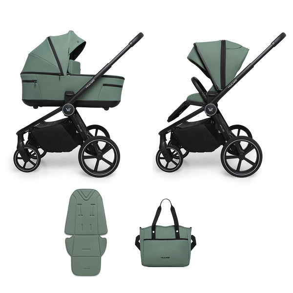 Carro de bebé Muuvo Five con diseño moderno y accesorios completos para paseos cómodos.